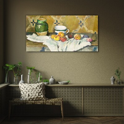 Fruit table with green jar Glass art print