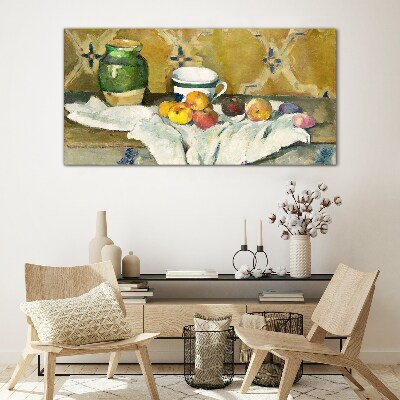 Fruit table with green jar Glass art print