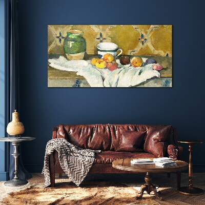 Fruit table with green jar Glass art print
