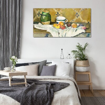 Fruit table with green jar Glass art print