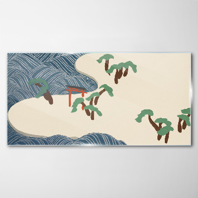 Calm waves with torii gate Glass art print