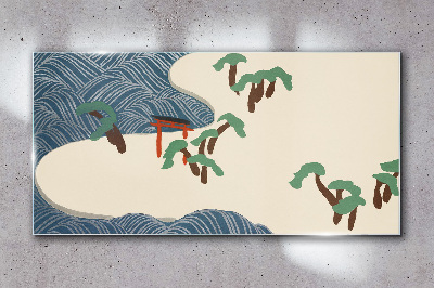Calm waves with torii gate Glass art print