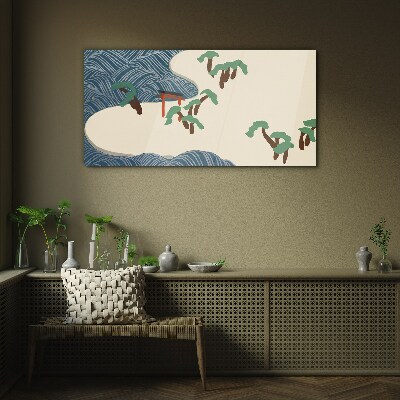 Calm waves with torii gate Glass art print