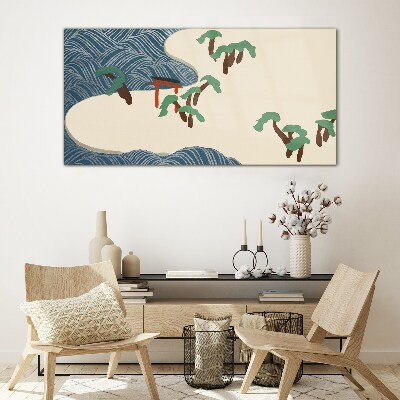 Calm waves with torii gate Glass art print