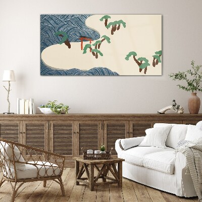 Calm waves with torii gate Glass art print