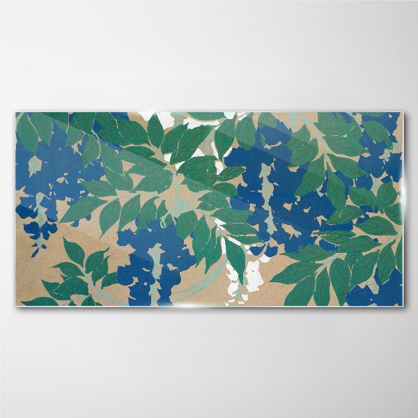 Green and blue leaves in abstract Wall art on glass