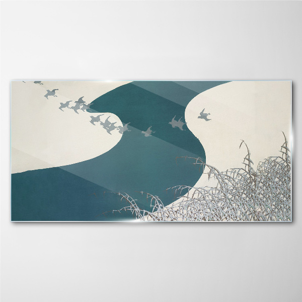 A calm river with birds flying away Glass art print