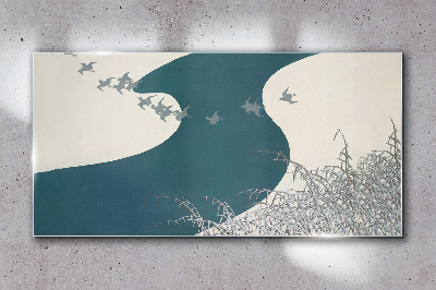 A calm river with birds flying away Glass art print