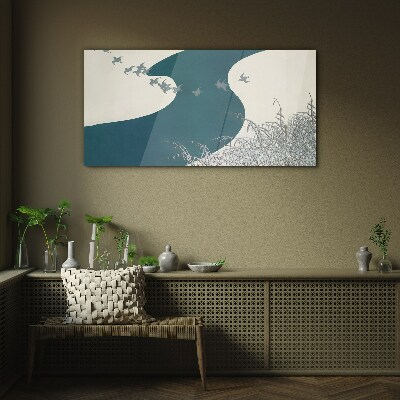 A calm river with birds flying away Glass art print