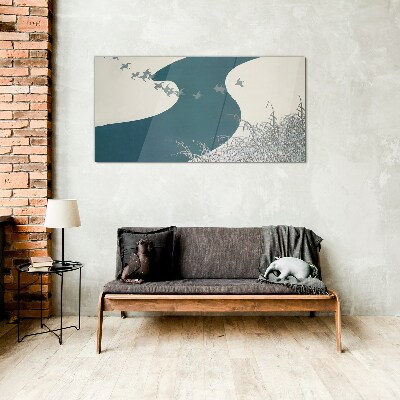 A calm river with birds flying away Glass art print