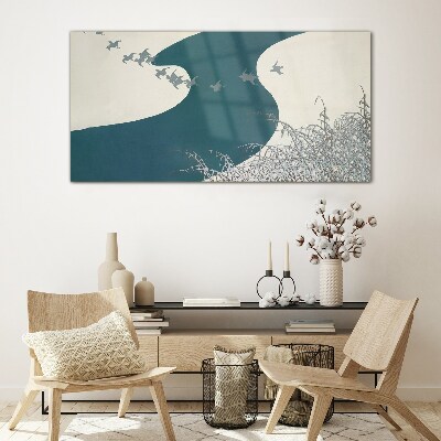 A calm river with birds flying away Glass art print