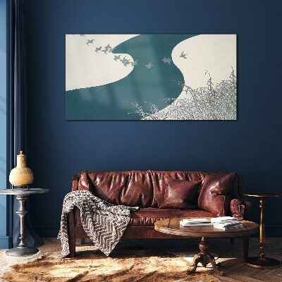 A calm river with birds flying away Glass art print