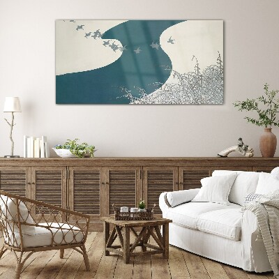 A calm river with birds flying away Glass art print