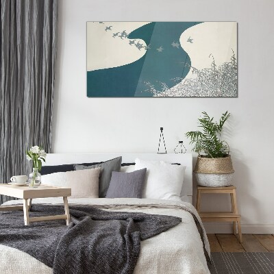 A calm river with birds flying away Glass art print