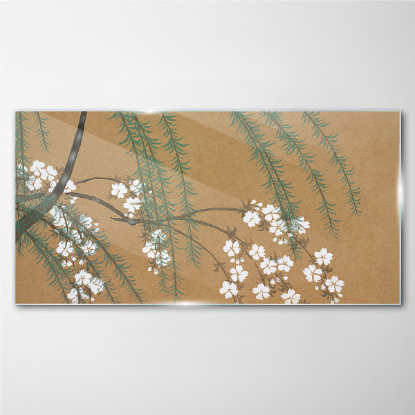 Flower branches on a brown background Wall art on glass