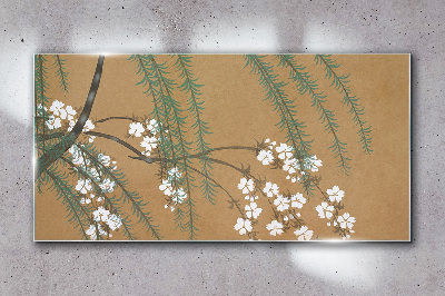 Flower branches on a brown background Wall art on glass
