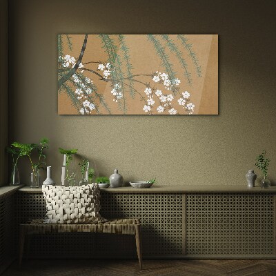 Flower branches on a brown background Wall art on glass
