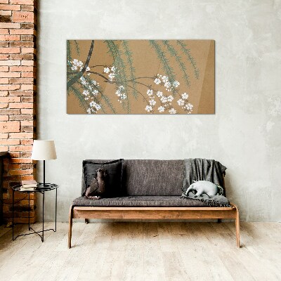 Flower branches on a brown background Wall art on glass