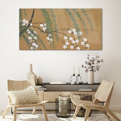Flower branches on a brown background Wall art on glass
