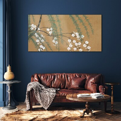 Flower branches on a brown background Wall art on glass