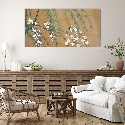Flower branches on a brown background Wall art on glass