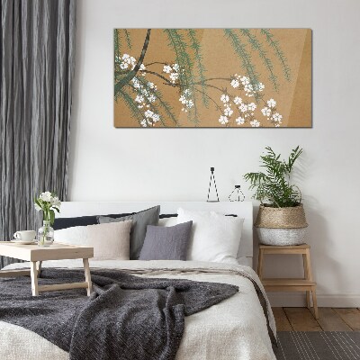 Flower branches on a brown background Wall art on glass