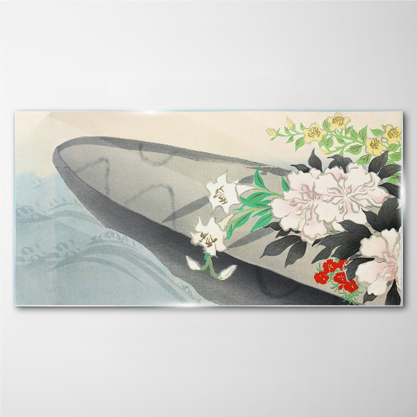 Flower boat on calm water Wall art on glass