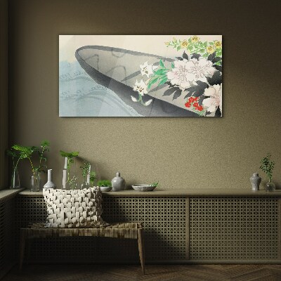 Flower boat on calm water Wall art on glass