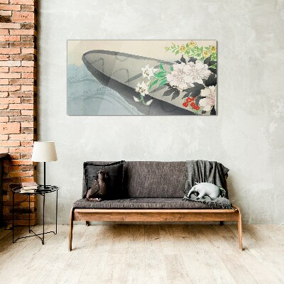 Flower boat on calm water Wall art on glass