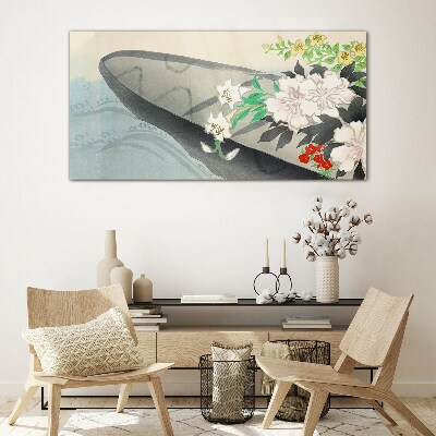 Flower boat on calm water Wall art on glass