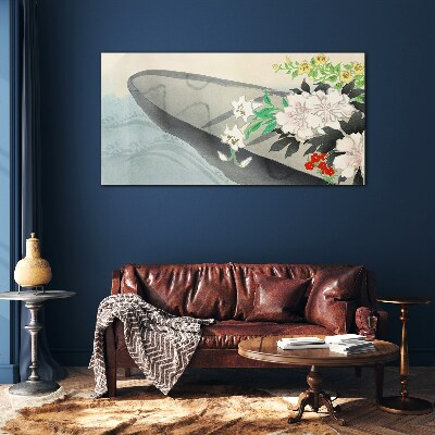 Flower boat on calm water Wall art on glass