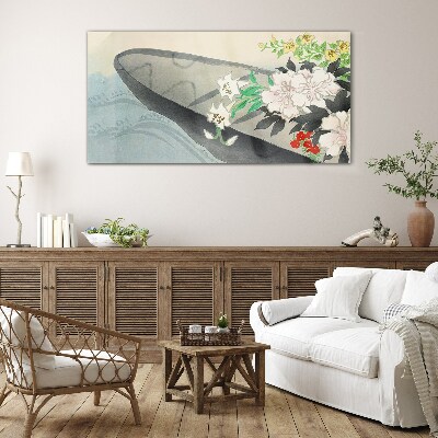 Flower boat on calm water Wall art on glass