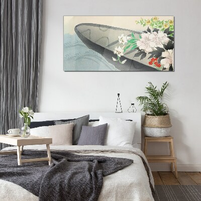 Flower boat on calm water Wall art on glass