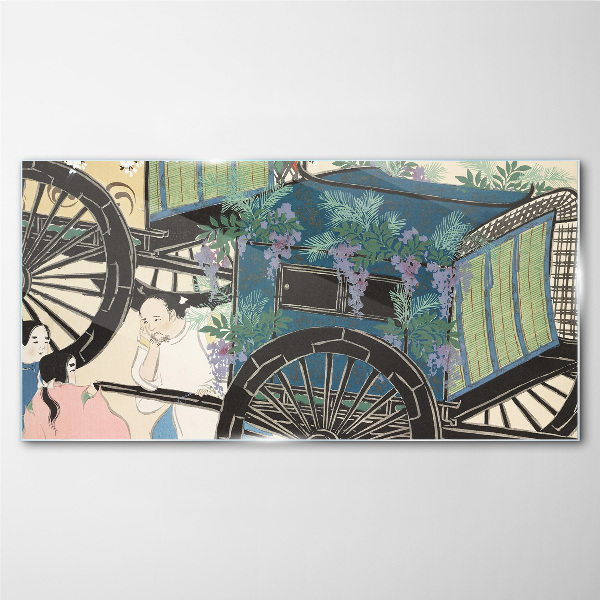 A scene with a stroller and flowers in the background Glass art print