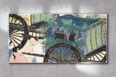 A scene with a stroller and flowers in the background Glass art print