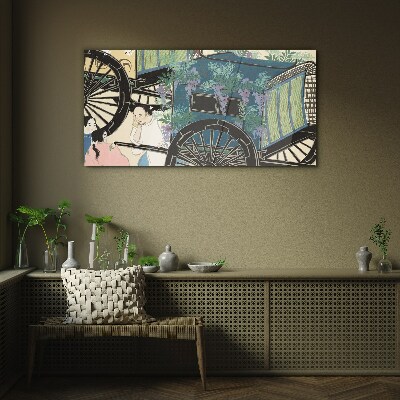 A scene with a stroller and flowers in the background Glass art print