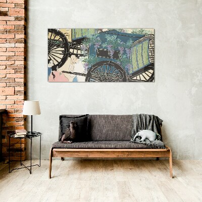 A scene with a stroller and flowers in the background Glass art print