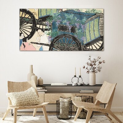 A scene with a stroller and flowers in the background Glass art print