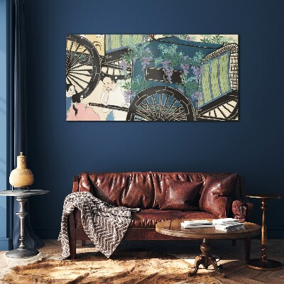 A scene with a stroller and flowers in the background Glass art print