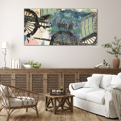 A scene with a stroller and flowers in the background Glass art print