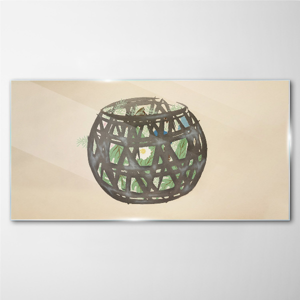 Wicker basket with greenery Wall art on glass
