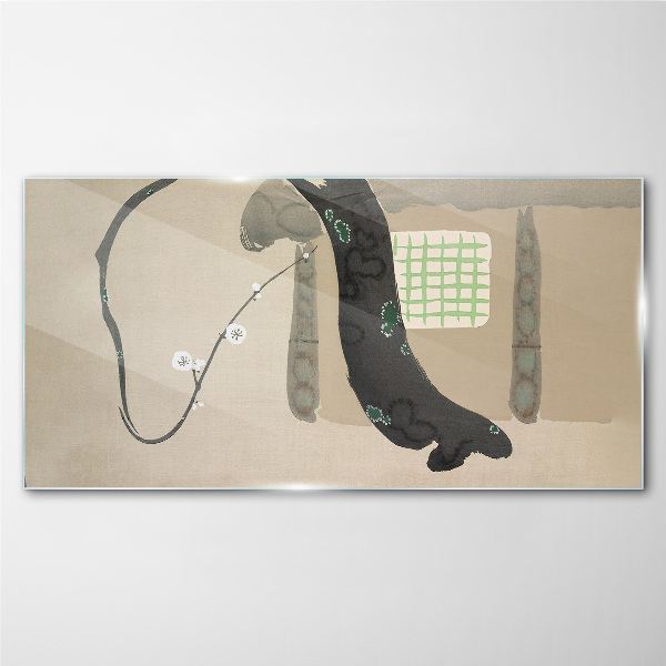 Green branch in minimalist style Glass art print
