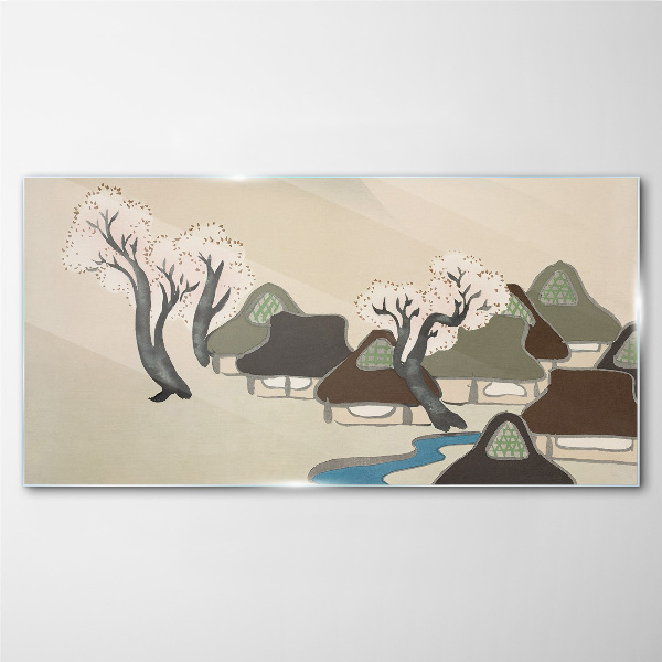 A peaceful landscape with houses and trees Glass art print