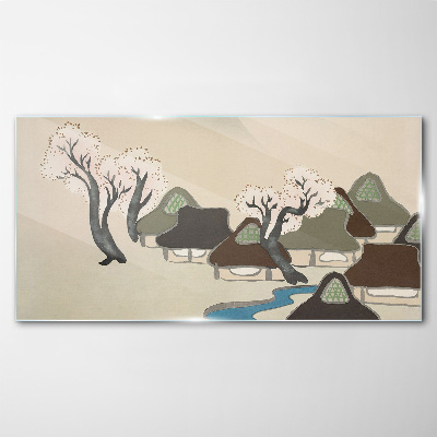 A peaceful landscape with houses and trees Glass art print