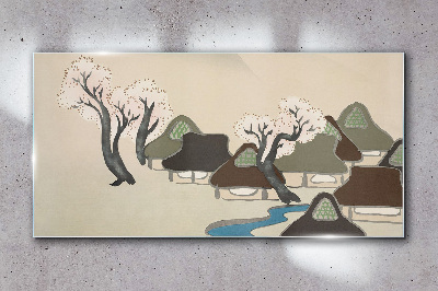 A peaceful landscape with houses and trees Glass art print
