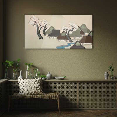 A peaceful landscape with houses and trees Glass art print
