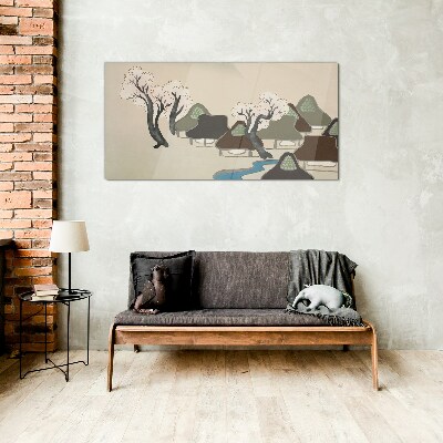 A peaceful landscape with houses and trees Glass art print