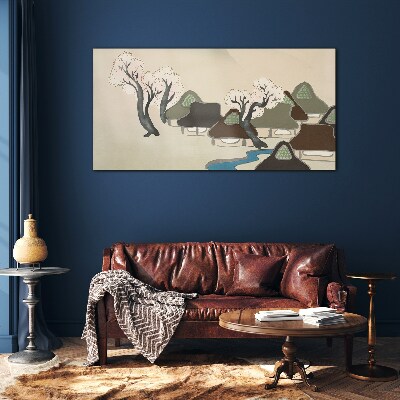 A peaceful landscape with houses and trees Glass art print