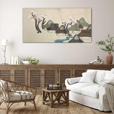 A peaceful landscape with houses and trees Glass art print