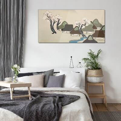 A peaceful landscape with houses and trees Glass art print